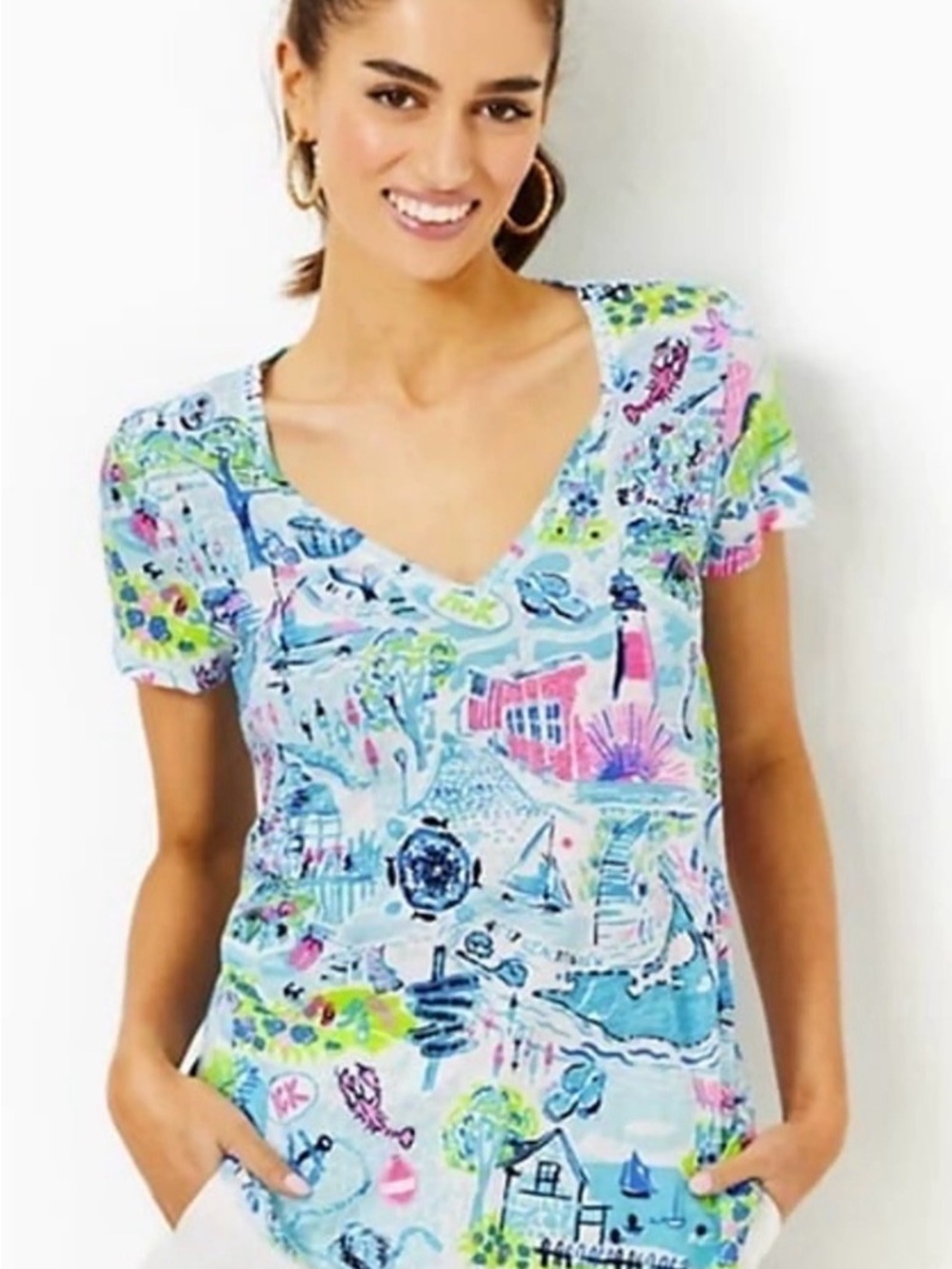 Lilly Pulitzer Light Blue Multicolor V-Neck Short Sleeve Top